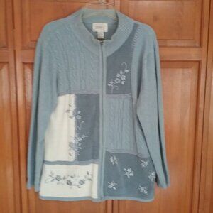 Light Blue Embroided Beaded Floral Patch Long Sleeve Zipper Front Sweater